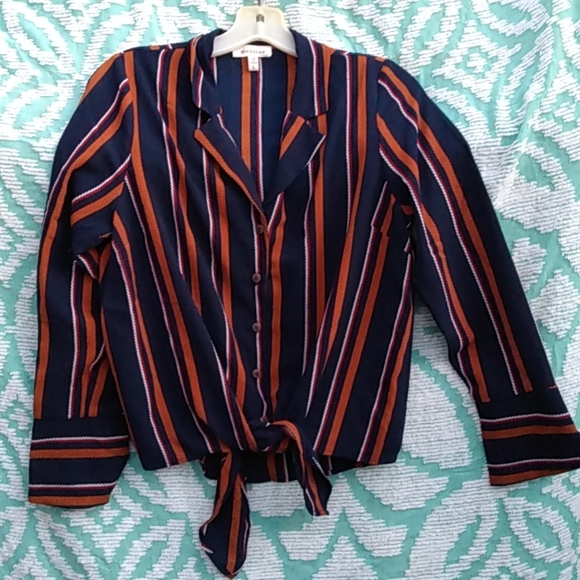 Monteau Size Large Tie Front Midriff Style Button front Striped Brown Top Blouse - Picture 1 of 7